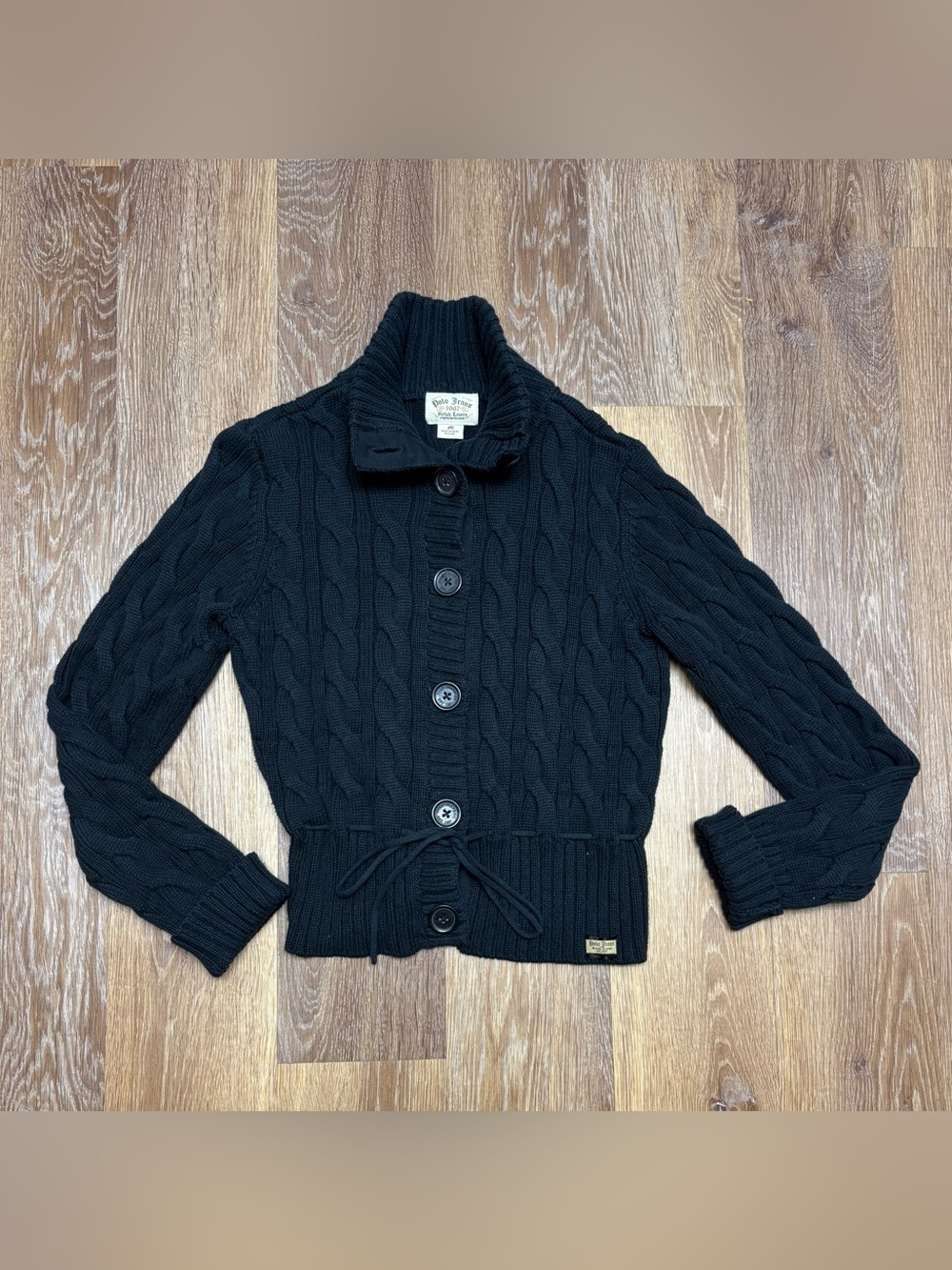 Y2k Polo by Ralph Lauren Black Cable-Knit Button Cardigan